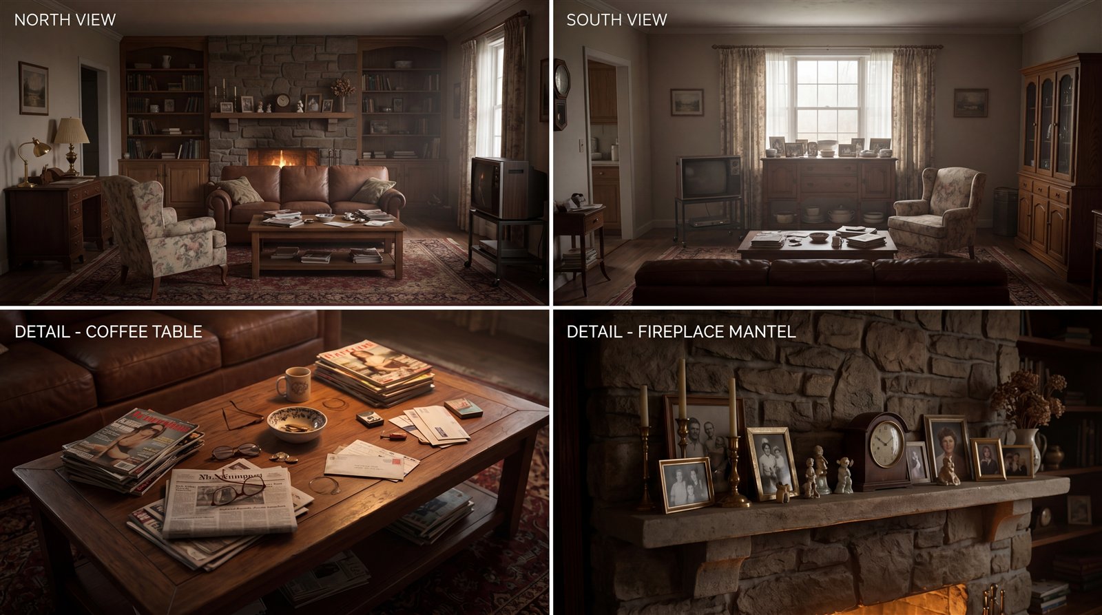 Art-department reference sheet of a dressed period living room: two opposite views plus detail panels of the coffee table and the fireplace mantel