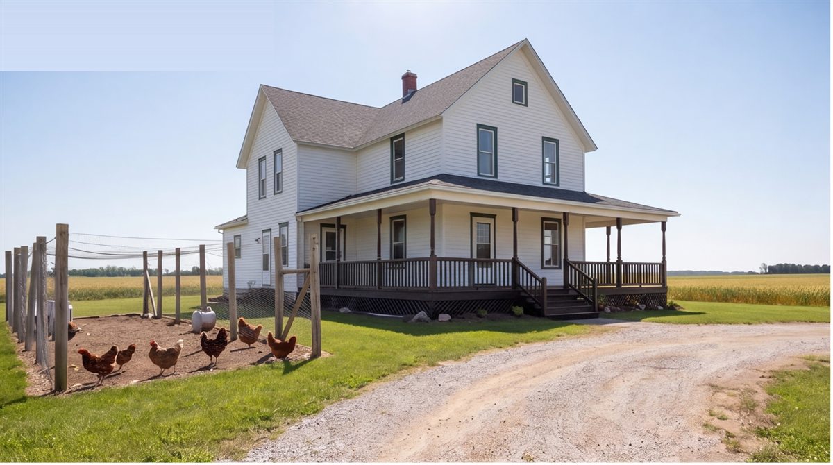 The farmhouse well-kept in summer: fresh paint, green grass, blue sky
