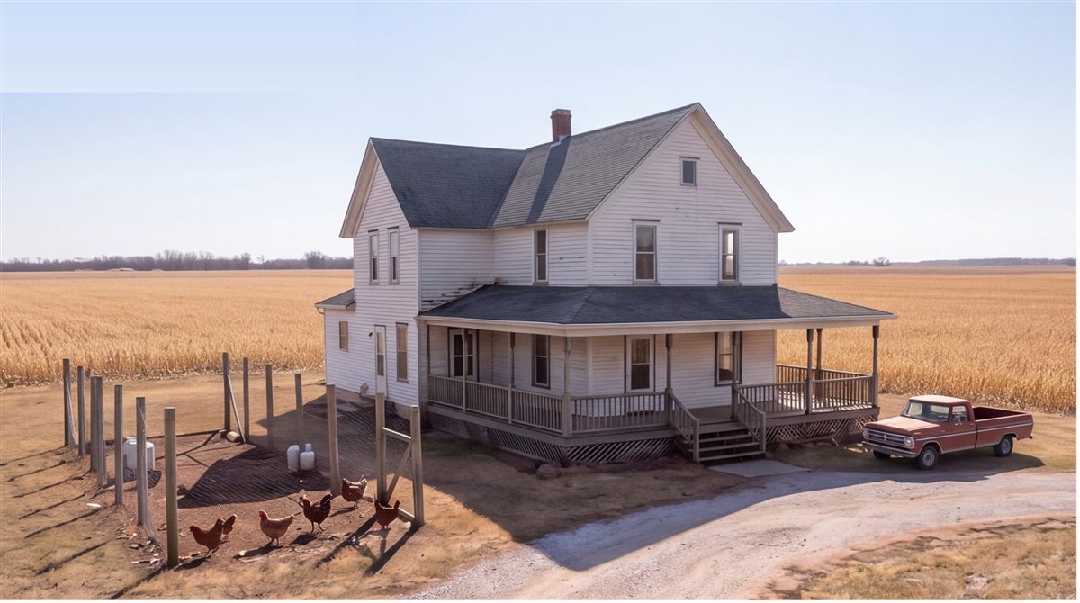 The same farmhouse weathered and neglected: dry grass, faded paint, an old truck