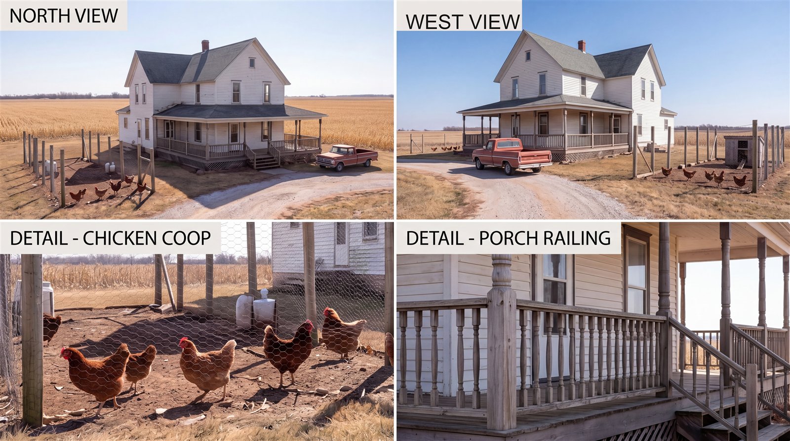 Location reference sheet of a farmhouse: north view, west view and two detail panels (chicken coop, porch railing), all spatially consistent