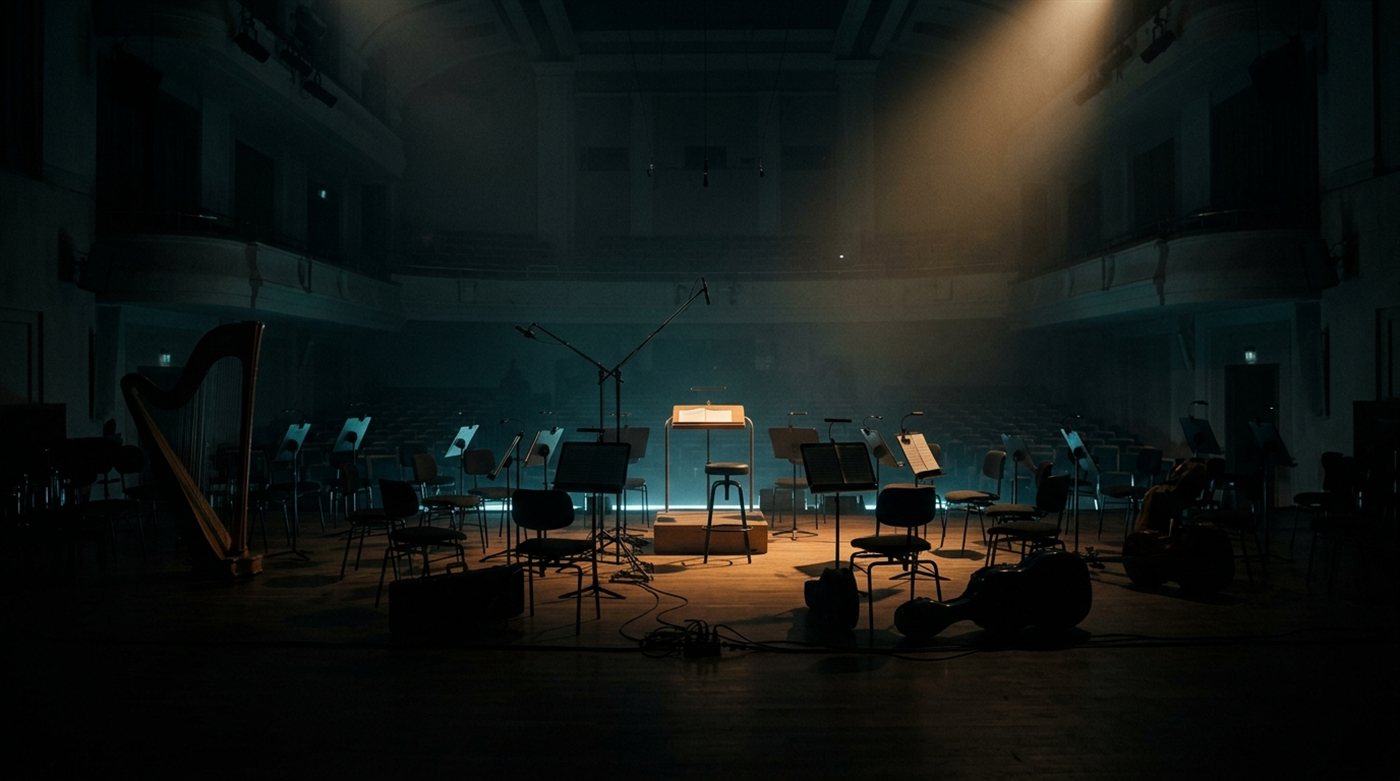 A darkened orchestral scoring stage