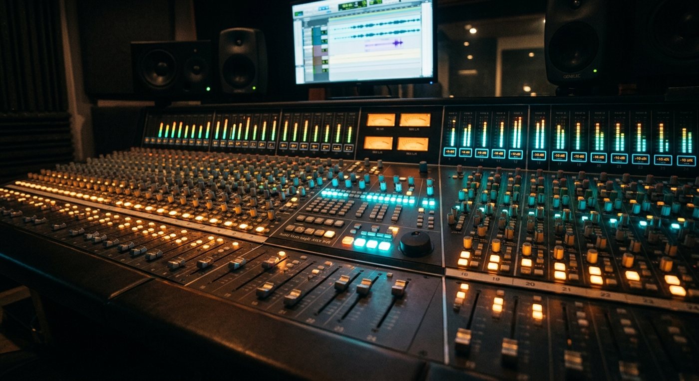 A studio mixing console used to craft custom music for a project
