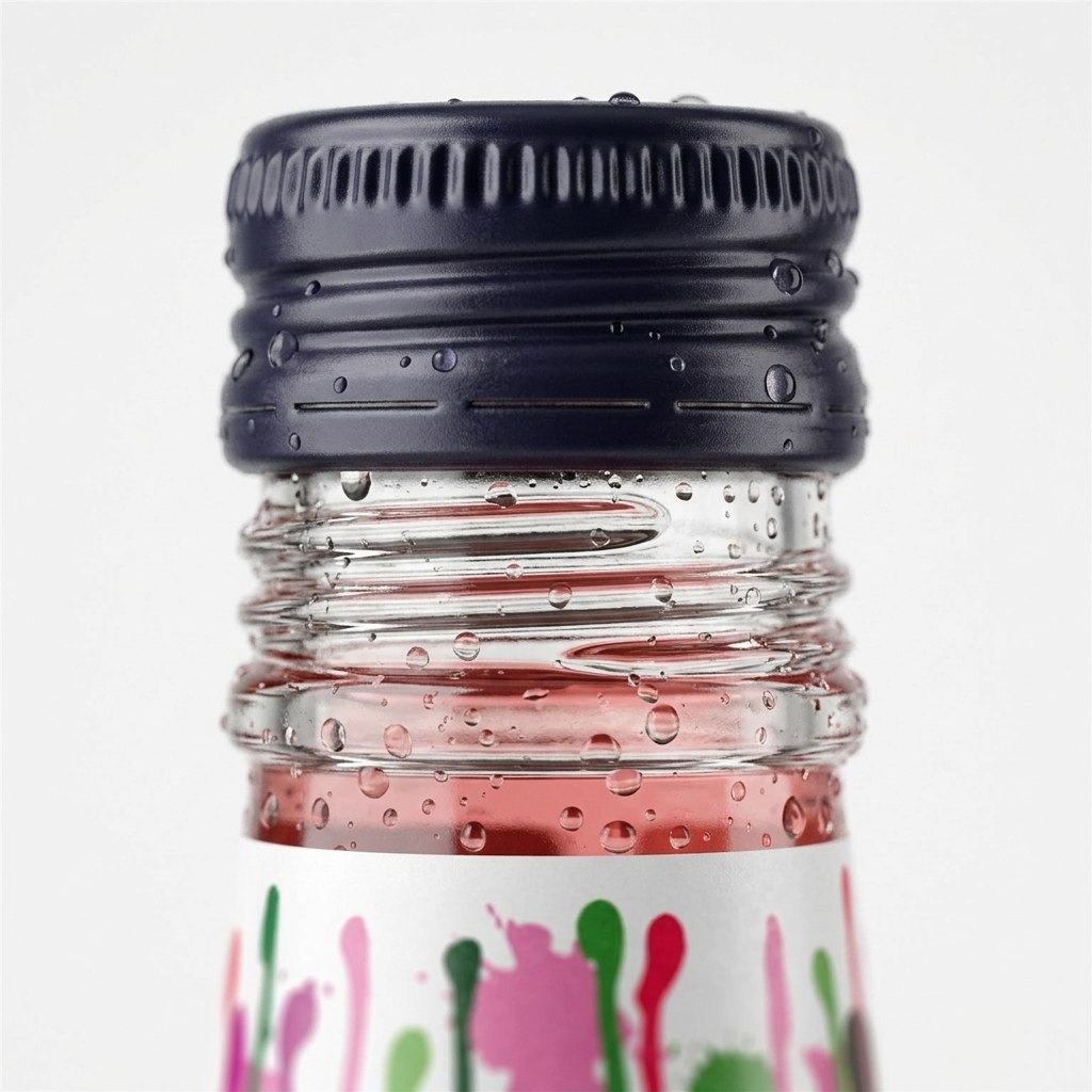 Macro detail of the kombucha bottle: condensation, label texture, cap, glowing liquid