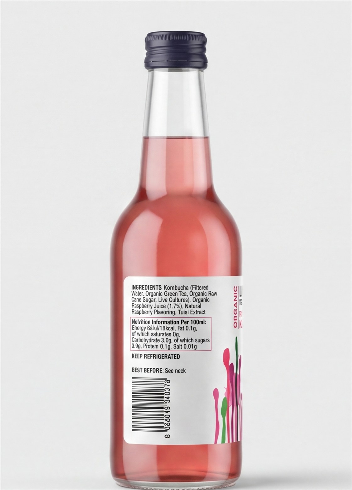 Close-up of the kombucha label with instant OCR reading every word