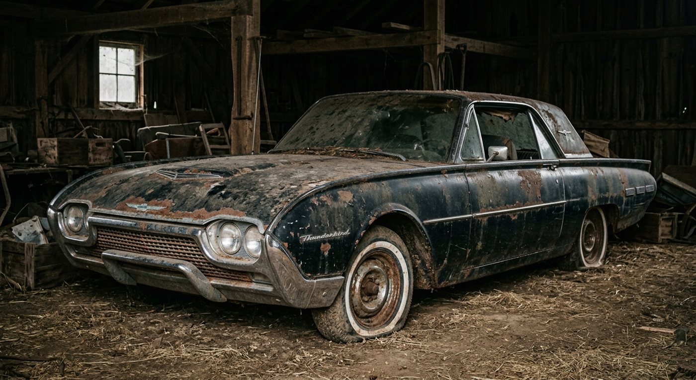The same car prop decades later, weathered and aged