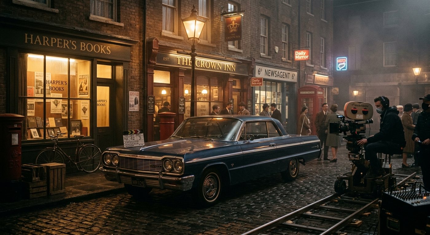 A vintage car prop designed into a richly art-directed period film set