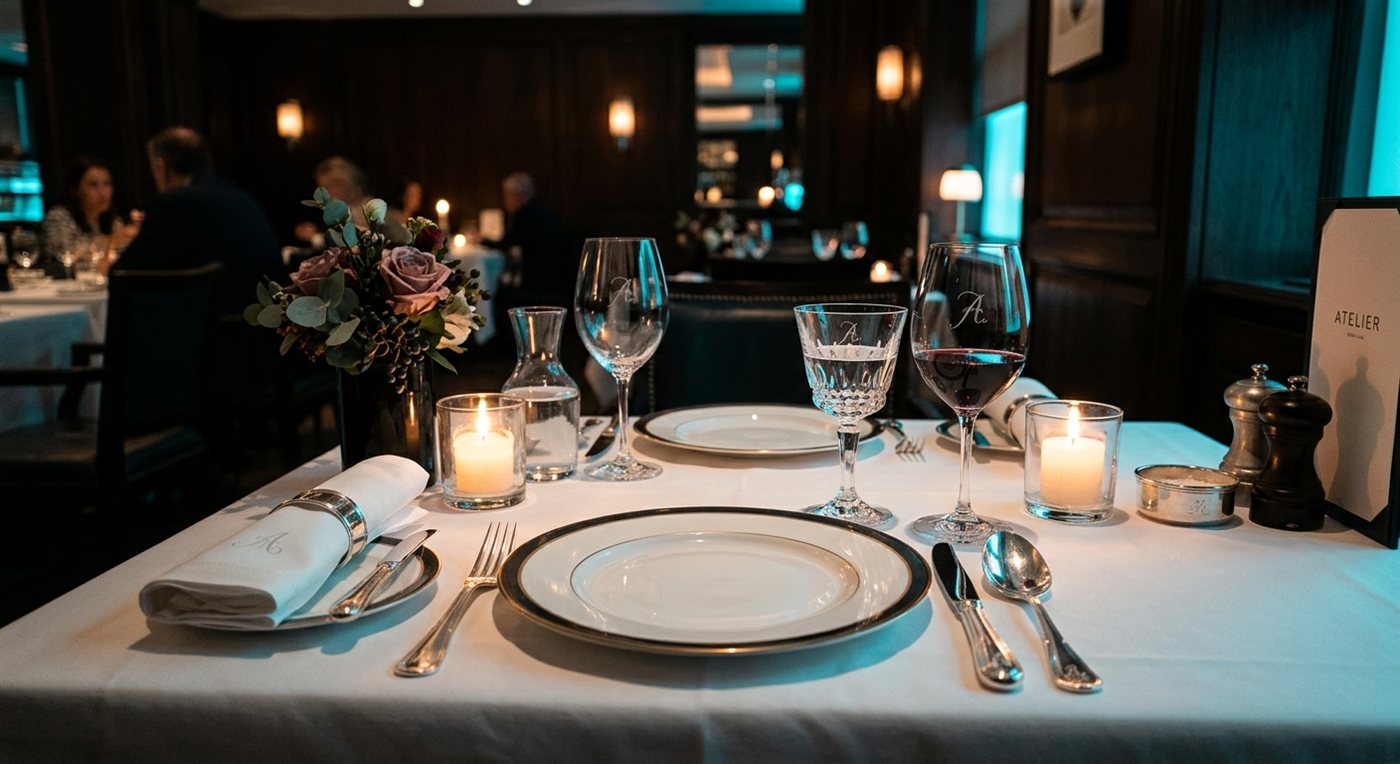A branded fine-dining setting: engraved stemware and cutlery to a client's exact specification