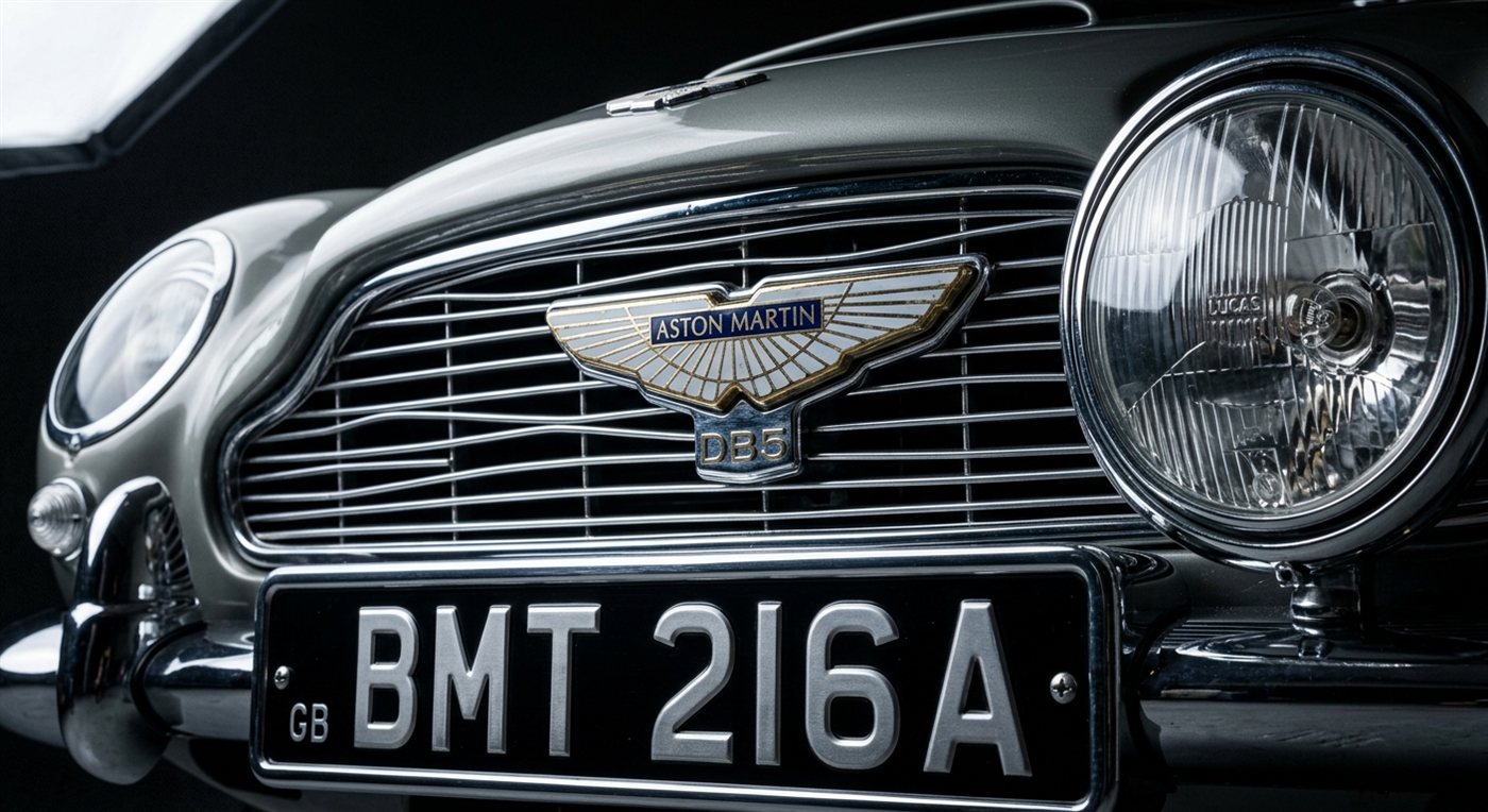 Macro of a vintage car prop: custom number plate text, chrome, paint finish