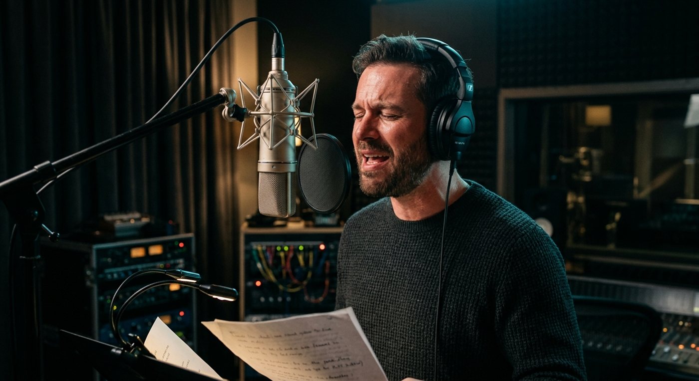 A voice actor performing at a studio microphone